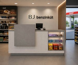 Egyedi üzleti bútor látványterve egy magánbenzinkút shopjához – pult, szekrények és polcok elrendezése pult látványterv