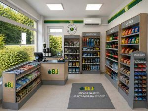 Egyedi üzleti bútor látványterve egy magánbenzinkút shopjához – pult, szekrények és polcok elrendezése látványterv